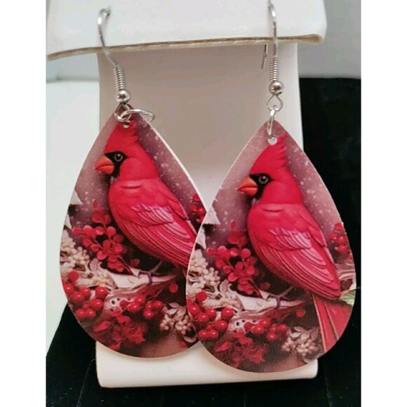 Red Cardinal Teardrop Faux Leather Earrings - Lightweight Double-Sided Print - Picture 1 of 3